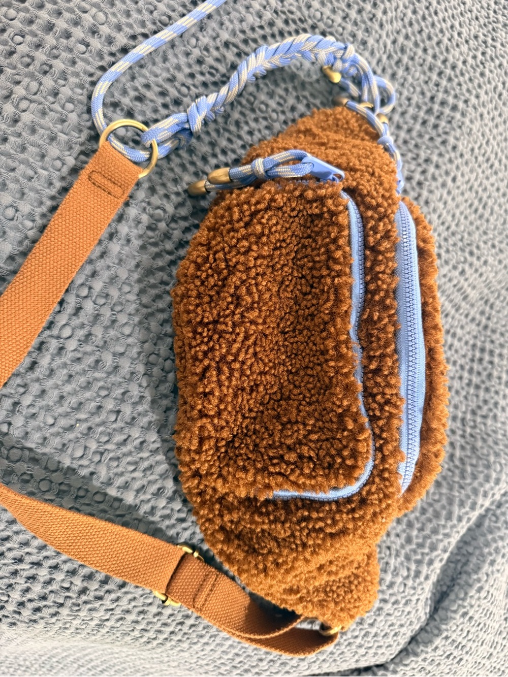 Anthropologie Brown Sherpa Crossbody with Light Blue Trim and Strap Detail